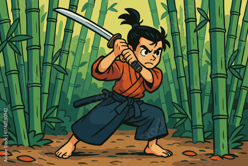 Samurai vector bamboo practicing illustration training young apprentice swings sword determination