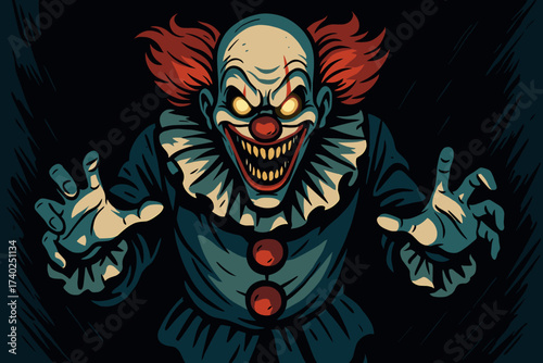 Vector emer grin shadows emerging illustration from glowing clown exaggerated spooky
