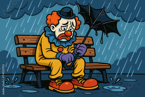 Umbrella clown vector sad bench illustration sitting holding rain broken