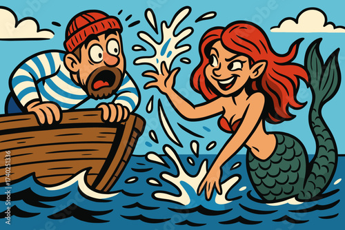 Water over boat mischievous surprise leaning illustration mermaid vector surprised splashing