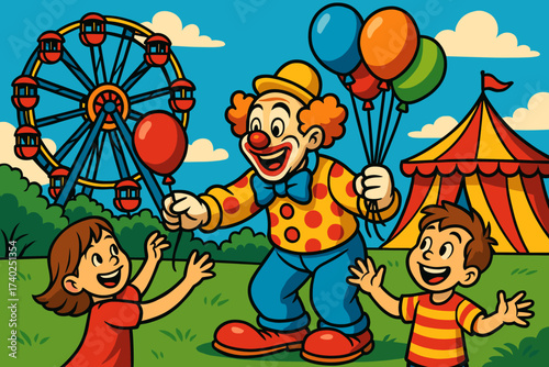 Out handing behind clown illustration balloons vector to joyful carnival children delight