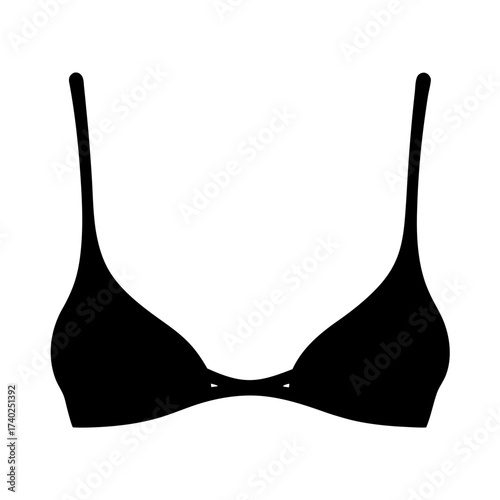 Silhouette of a black bikini top with long thin straps on white