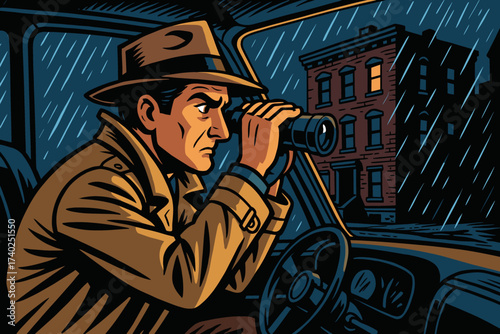Illustration surveillance night binoculars watching rainy building sitting vector detective suspicious