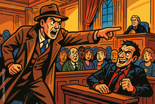 Pointing crowded illustration gradient vector courtroom detective drama dramatically villain showdown scene