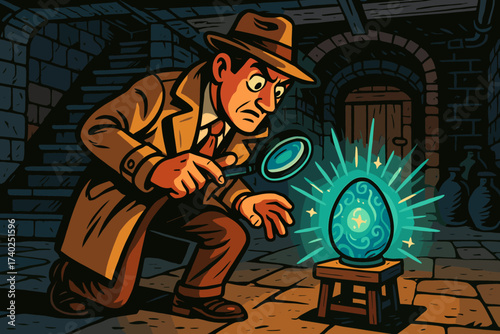 Mysterious basement inspecting s illustration vector detective hidden gradient artifact glowing