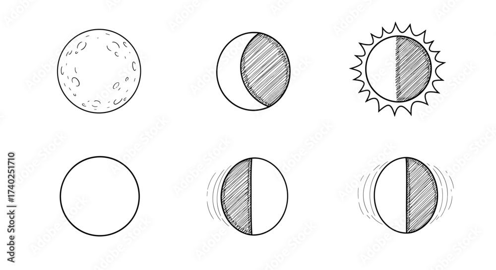 Fototapeta premium Hand-drawn Illustration of Moon Phases and Sun Against White Background