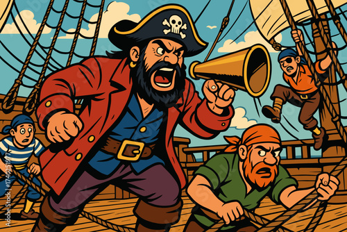 Crew speaking through illustration orders pirate scrambles angry horn commands vector deck