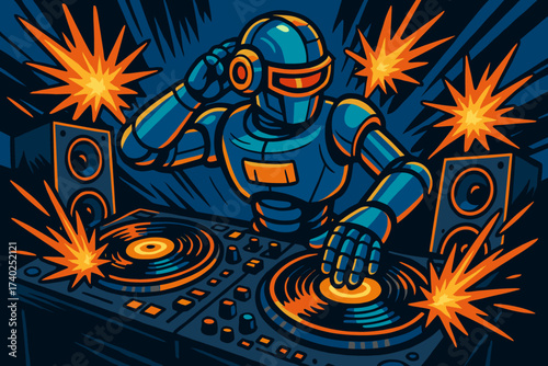 Dj speakers glowing shooting futuristic illustration while vector robot spinning