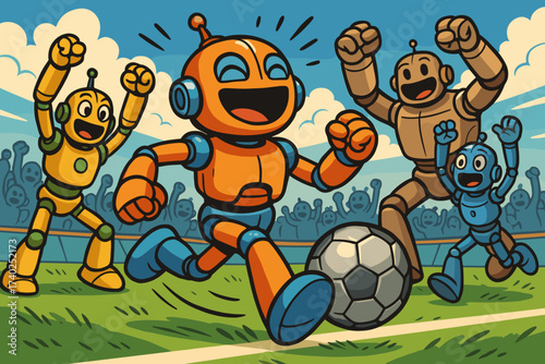 Vector metallic robot illustration soccer match laughing cheering ball surrounded friends