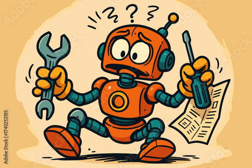 Holding upside confused tools robot looking illustration vector repair goofy while
