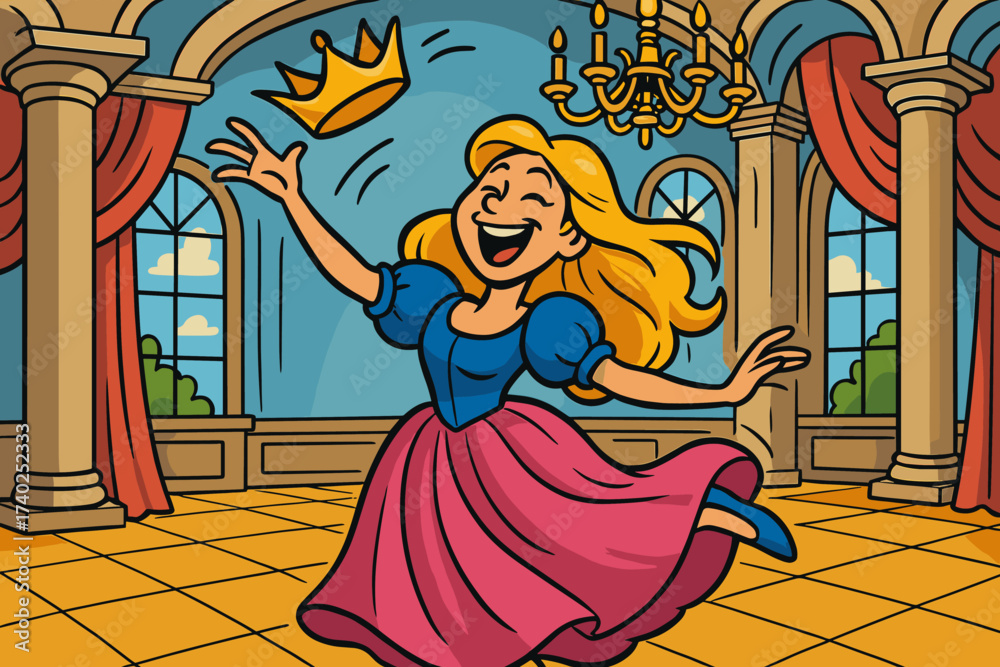 Fototapeta premium Her vector tossing dancing illustration dance ballroom laughing into crown princess