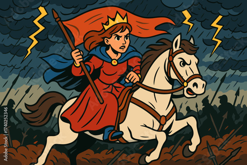White battlefield stormy illustration princess banner riding simple horse vector determined battle