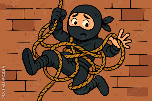 Wall mishap climb playful looking illustration trying vector to ninja tangled