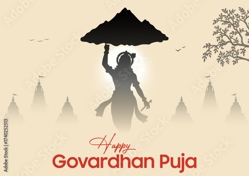 Happy Govardhan Puja vector illustration with Lord Krishna lifting Govardhan mountain and temple silhouette background