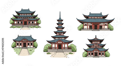 Artistic Rendition of Japanese Pagodas and Temples with Detailed Structures