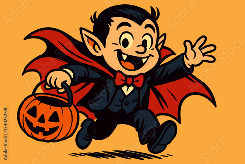 Vector illustration child colorful pumpkin happily vampire basket gradient smiling halloween childlike