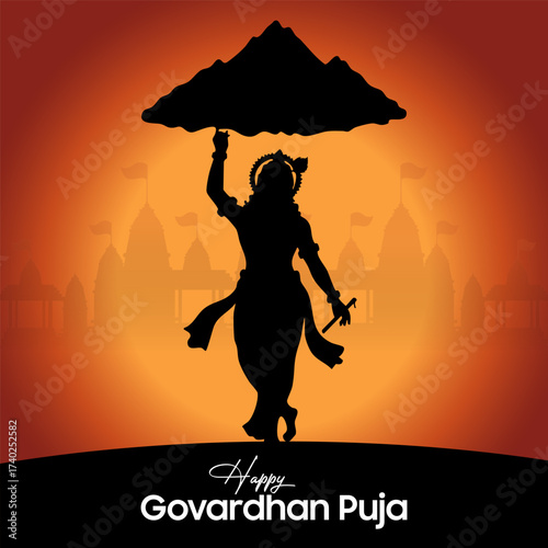 Happy Govardhan Puja vector illustration of Lord Krishna lifting Govardhan mountain silhouette with temple background