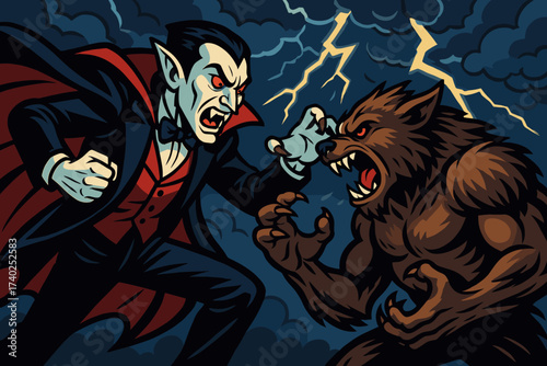 Under against fight werewolf stormy clouds vector vampire vs lightning illustration