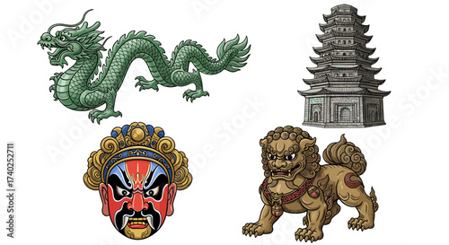 Ornate Chinese Culture Depictions: Dragon, Mask, Guardian Lion, and Pagoda