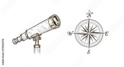Nautical Exploration Tools: Antique Telescope and Compass Rose Vintage Illustration