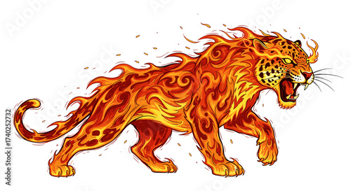 Fiery Leopard Illustration: Majestic Feline Aglow with Energetic Flames