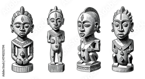 Four grayscale drawings of African style wooden statues on white background