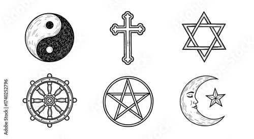 Sacred symbols representing diverse spiritual and religious beliefs in monochrome