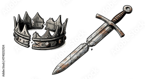Shattered Kingdom: Broken Crown and Sword on White Background