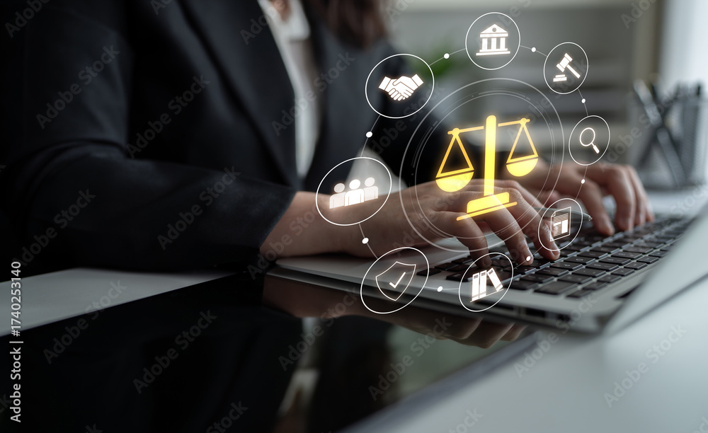 Obraz premium Justice system ensures legal governance and fairness. Justice system protects rights, system upholds laws, justice ensures order, and justice system delivers judgment. Latch