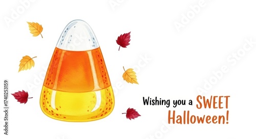 Candy corn illustration with autumn leaves for Halloween celebration  