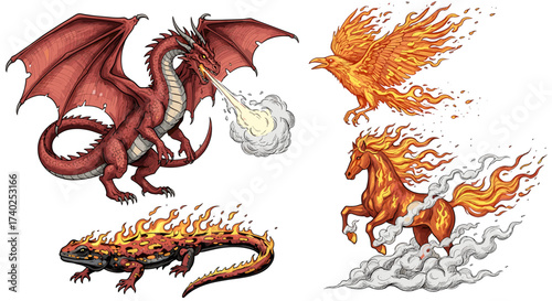 Mythical fire beasts art illustration of dragon, phoenix, salamander, and horse