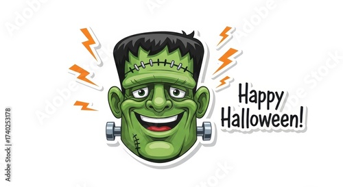Frankenstein character smiling with Halloween theme  
