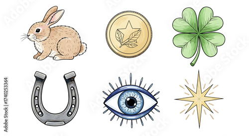 Charming Luck Charms Collection: Rabbit, Clover, Horseshoe, Eye, Star, Coin