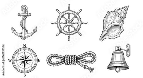 Nautical Sketch Collection: Classic Maritime Icons in Detailed Black and White