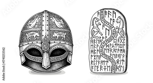 Engraved Viking Helmet and Runestone Artistic Rendering Isolated on White