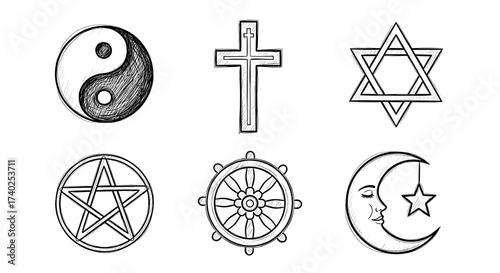 Diverse religious and spiritual symbols sketched on a plain background