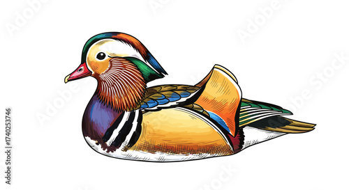 Vibrantly illustrated Mandarin duck swimming peacefully on a white background.