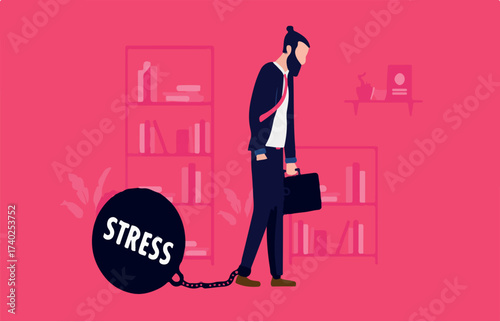 Work stress - Businessman with beard and briefcase feeling exhausted after a day of working, Stressful lifestyle, overworked, burnout and mental health concept. Vector illustration.