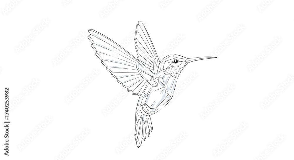 Fototapeta premium Geometric Hummingbird Illustration Soaring on White Background with Clean Lines