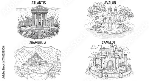 Legendary realms illustration of Atlantis, Avalon, Shambhala, and Camelot