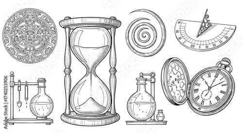 Antique Time and Science Device Sketches on White Background