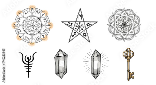 Mystical Symbols and Elements Composition on White Background