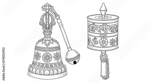 Intricate Line Art of Buddhist Prayer Wheel and Bell