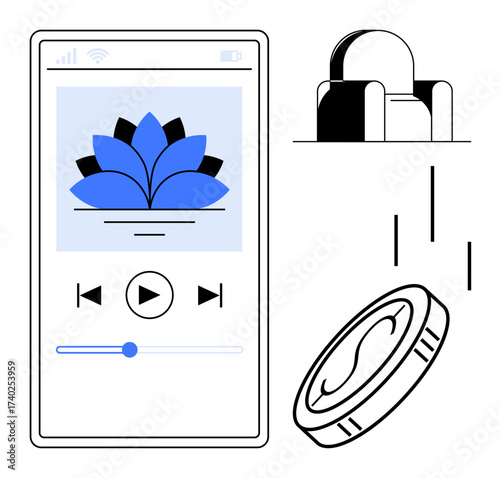 Smartphone with meditation audio app, abstract building, falling lines, and coin. Ideal for mindfulness, technology, finance, self-care app design minimalism modern life. Simple flat metaphor