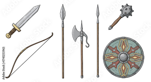 Collection of fantasy themed weapons, shield and bow illustration