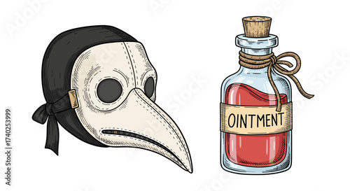 Plague Doctor Mask with Ointment Bottle Medical Illustration