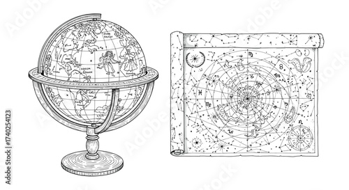 Vintage celestial globe and unrolled star chart drawing illustration