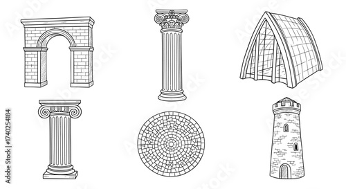 Architectural Sketches: Black and White Line Art Collection of Structures