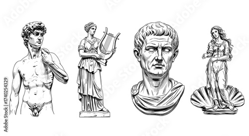 Classical Statues Collection: David, Muse, Emperor and Venus in monochrome