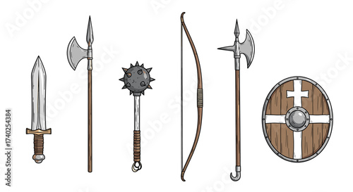 Medieval weaponry: Axe, sword, mace, polearm, shield, and bow and arrow